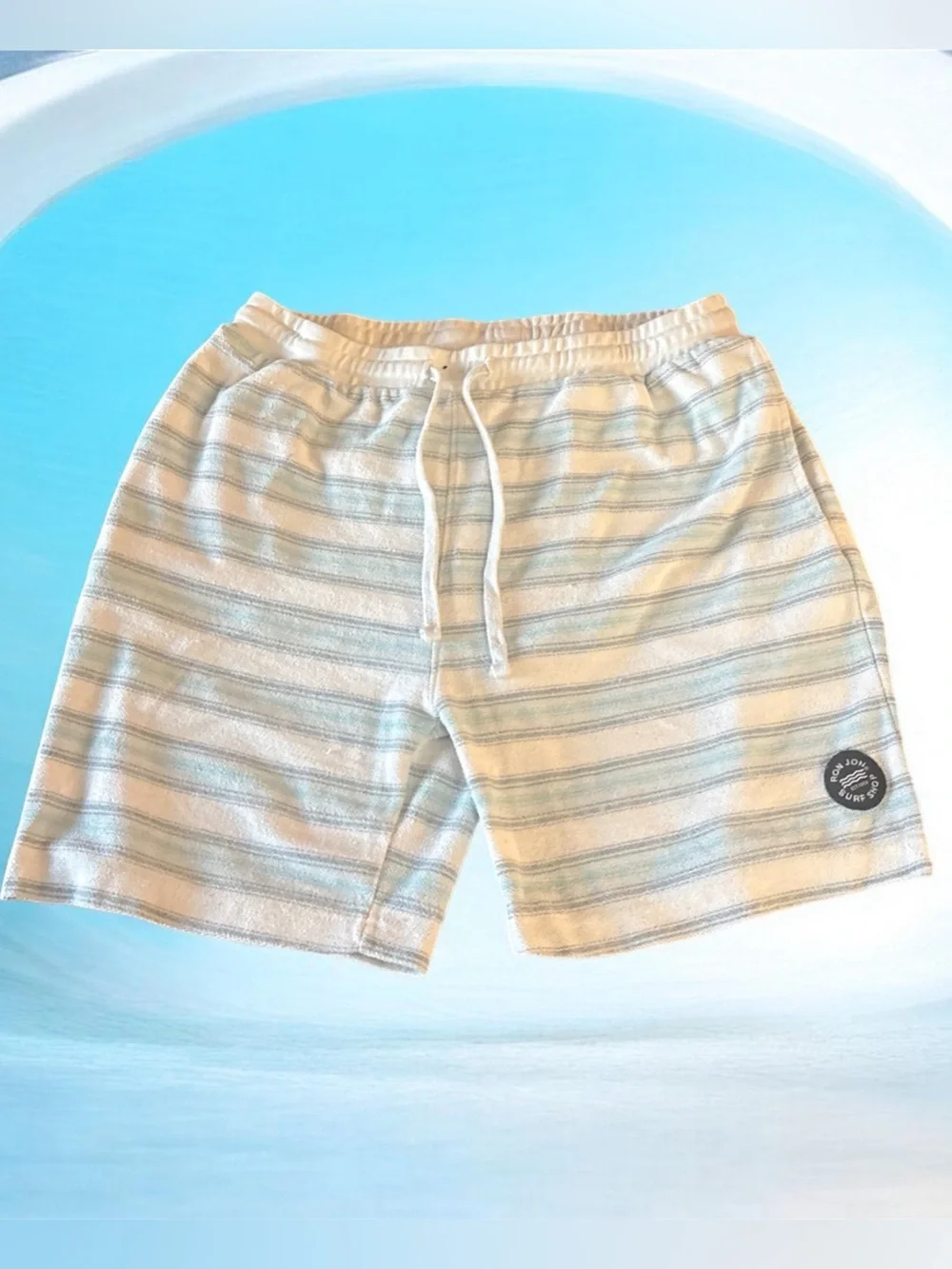 Ron Jon Striped Terry Drawstring Shorts - Cream & Light Blue SZ 2XL